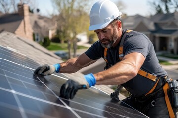 An experienced man wears a safety harness as he secures solar panels on a residential rooftop, ensuring energy efficiency and sustainability for the home.