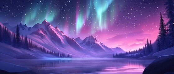 Fantasy landscape with aurora borealis in the night sky illustration