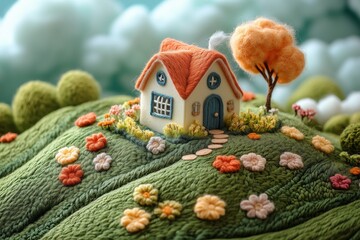 Cute wool house on green hill with flower garden and clouds