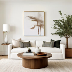 Art deco, scandinavian interior design of modern living room. White sofa and wooden round coffee table against white wall with big frame.