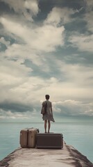 Woman gazes at the sea from a pier, surrounded by luggage under a cloudy sky.