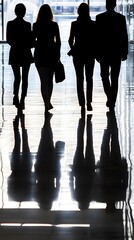 Sticker - Silhouettes of four business people walking in an office hallway.