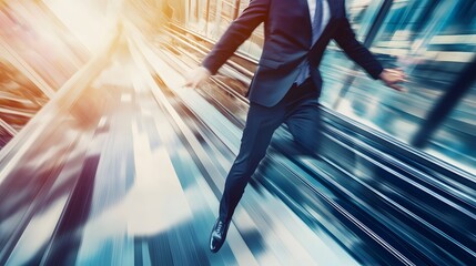 Canvas Print - A businessman in a suit runs down an escalator,  blurred motion creates a sense of speed and urgency.