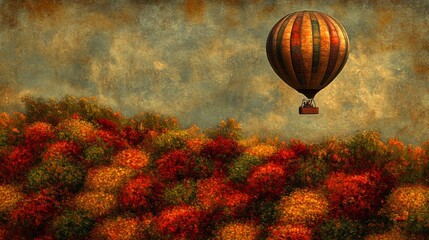 Hot Air Balloon Soaring Over Autumn Forest Landscape