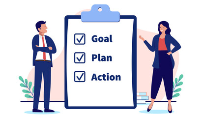 Aufkleber - Businesspeople with strategy on white clipboard - Two people writing checklist and plan for goals and action in business, standing and smiling together as a team. Flat design vector stock illustration