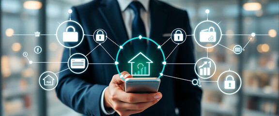 Businessman hand Using mobile phone to connect Financial and banking networking digital online marketing on modern interface icons on strategy