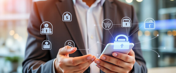 businessman hand using mobile phone to connect financial and banking networking digital online marke