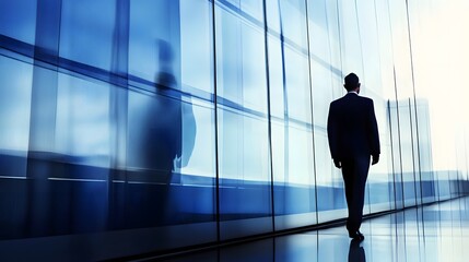 Canvas Print - A businessman walks away from the camera,  in a modern office building.