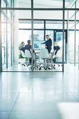 Poster - Meeting, presentation and business people in office for financial review, teamwork and collaboration. Corporate, company and men and women in glass boardroom for feedback, statistics and discussion