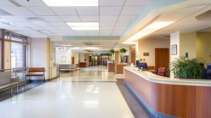 Sticker - A clean and bright hospital waiting area with a reception desk and waiting chairs.