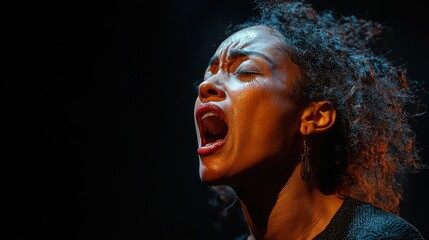 A young woman with curly hair sings passionately with her eyes closed, her mouth wide open in a powerful vocal performance, illuminated by dramatic stage lighting.