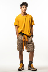 A man in yellow color casual outfit standing in the studio with isolated background