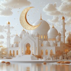Poster - 3d composition of crescent moon hanging over a modern mosque delicate star patterns in the sky creating a serene Eid Mubarak card on a minimal white background