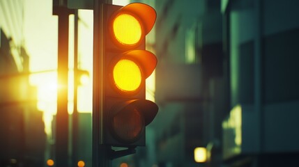 Poster - Traffic Light at Dusk with Yellow Signal Glowing Brightly