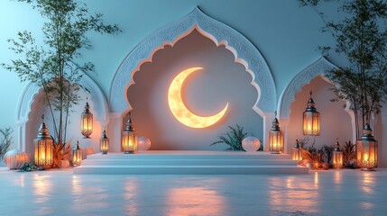 Fototapete - 3d design Ramadan Kareem with a crescent moon traditional mosque dome and glowing lanterns set against a minimalistic backdrop with space for text