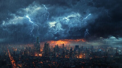 Poster - Dramatic Thunderstorm Over Urban Skyline at Dusk