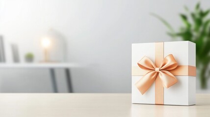 A beautifully wrapped white gift box with a satin bow, perfect for celebrations and special occasions in a modern setting.