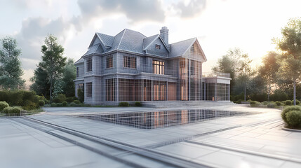 Wireframe rendering of a building in 3D. Done view hard landscaping, new luxury stone patio and garden of English home. Idea for an abstract construction graphic