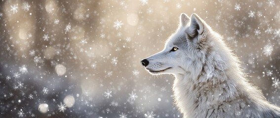 Poster - A serene white wolf in a snowy landscape, surrounded by soft falling snowflakes.