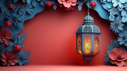 Poster - Beautiful paper cut style banner featuring an Islamic lantern surrounded by ornate patterns set against a muted gradient background providing plenty of space for text on the left