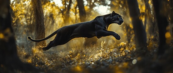 Wall Mural - A black panther leaps gracefully through a sunlit forest, showcasing its agility and beauty.