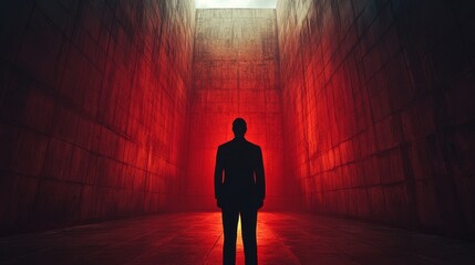 Wall Mural - A man stands in a dark tunnel with red walls