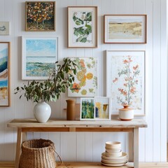 Poster - A cozy interior featuring framed artwork and a wooden table with decorative items.