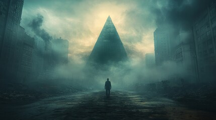 Poster - A man walks through a foggy city street in front of a pyramid