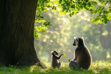 Wall Mural - A serene scene of two lemurs sitting together under a tree in a sunlit forest.