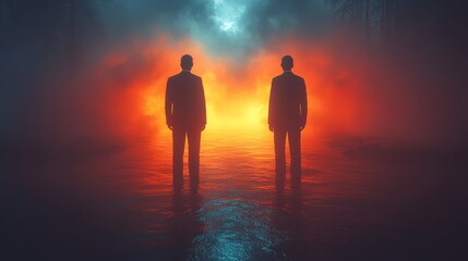 Wall Mural - Two men standing in a foggy forest, one of them is wearing a suit