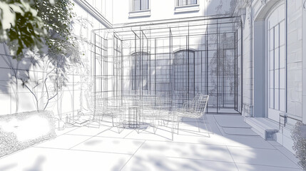 Wireframe rendering of a building in 3D. Done view hard landscaping, new luxury stone patio and garden of English home. Idea for an abstract construction graphic