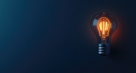 A glowing light bulb on a dark blue background with copy space for text.