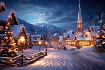 Wall Mural - Christmas snowy village architecture landscape building.