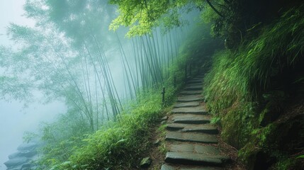 Poster - A misty path through a lush bamboo forest, inviting exploration and tranquility.