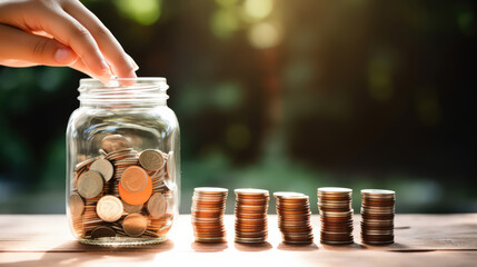  A hand putting money coin into jar . make to grow the Business. Saving money concept.