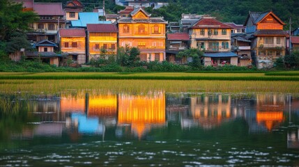 Poster - Serene village reflection in water at sunset, showcasing traditional architecture and nature.