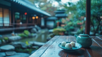 Sticker - A serene setting featuring tea and dumplings in a traditional Japanese garden.