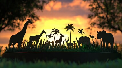 Sticker - Silhouette of animals against a sunset, symbolizing nature and wildlife conservation.