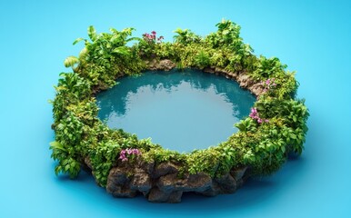 Poster - A serene circular pond surrounded by lush greenery and colorful flowers.