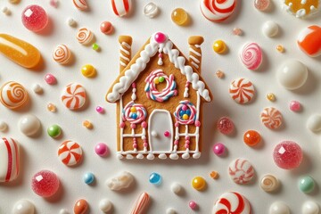 Gingerbread house decorated with frosting and colorful candies is lying on a white surface surrounded by many more sweets