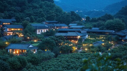 Poster - A serene village illuminated at dusk, nestled in a lush, mountainous landscape.