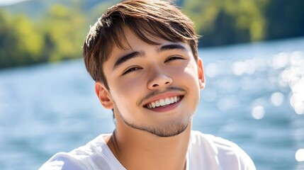 Carefree Man Embracing Fresh Mountain Air with Joyful Smile