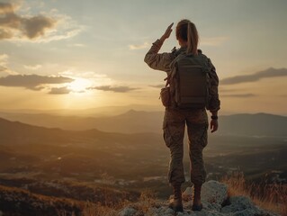 Soldier saluting with American flag in open landscape at sunset