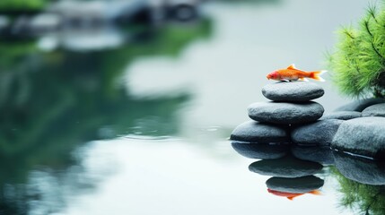 Canvas Print - A serene scene featuring a goldfish on stacked stones beside a tranquil water surface.