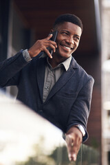 Poster - Business man, happy and phone call on balcony for communication, networking and research with contact. Black person, smile and mobile conversation for planning on lunch break with project management