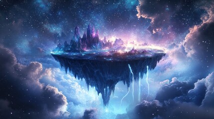 Wall Mural - a surreal floating island amidst a cosmic backdrop filled with stars and vibrant colors.