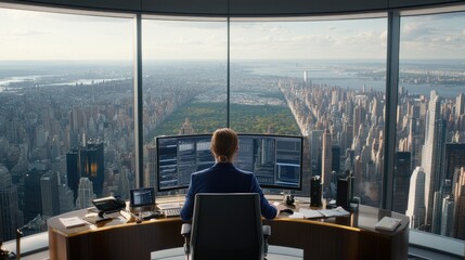 A Shiba Inu wearing a blue hoodie focuses on its computer, surrounded by office papers, while enjoying a stunning view of New York City from the window