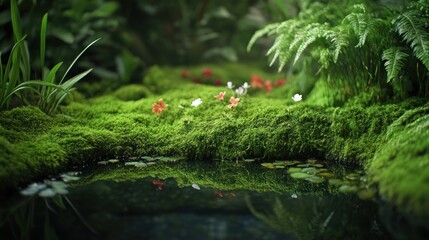 Wall Mural - A serene natural scene featuring lush greenery, flowers, and a tranquil pond.