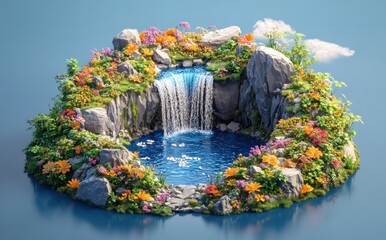 Sticker - A serene island with a waterfall, surrounded by colorful flowers and lush greenery.