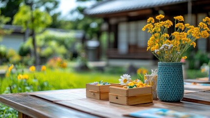 Poster - A serene outdoor setting with flowers, wooden boxes, and a vibrant vase.